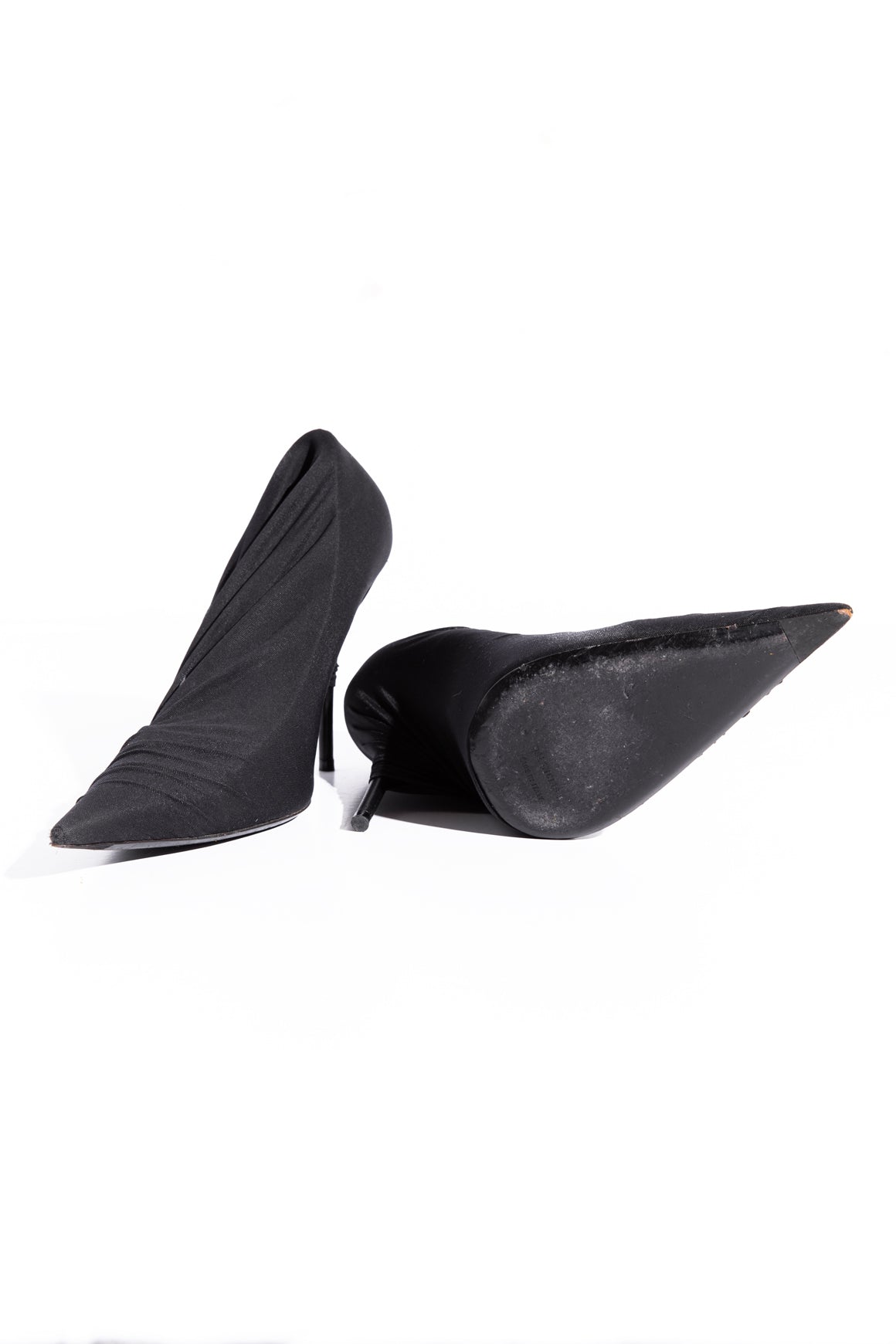 BALENCIAGA Black Crepe Draped Pointed Pumps (Sz.  38.5)