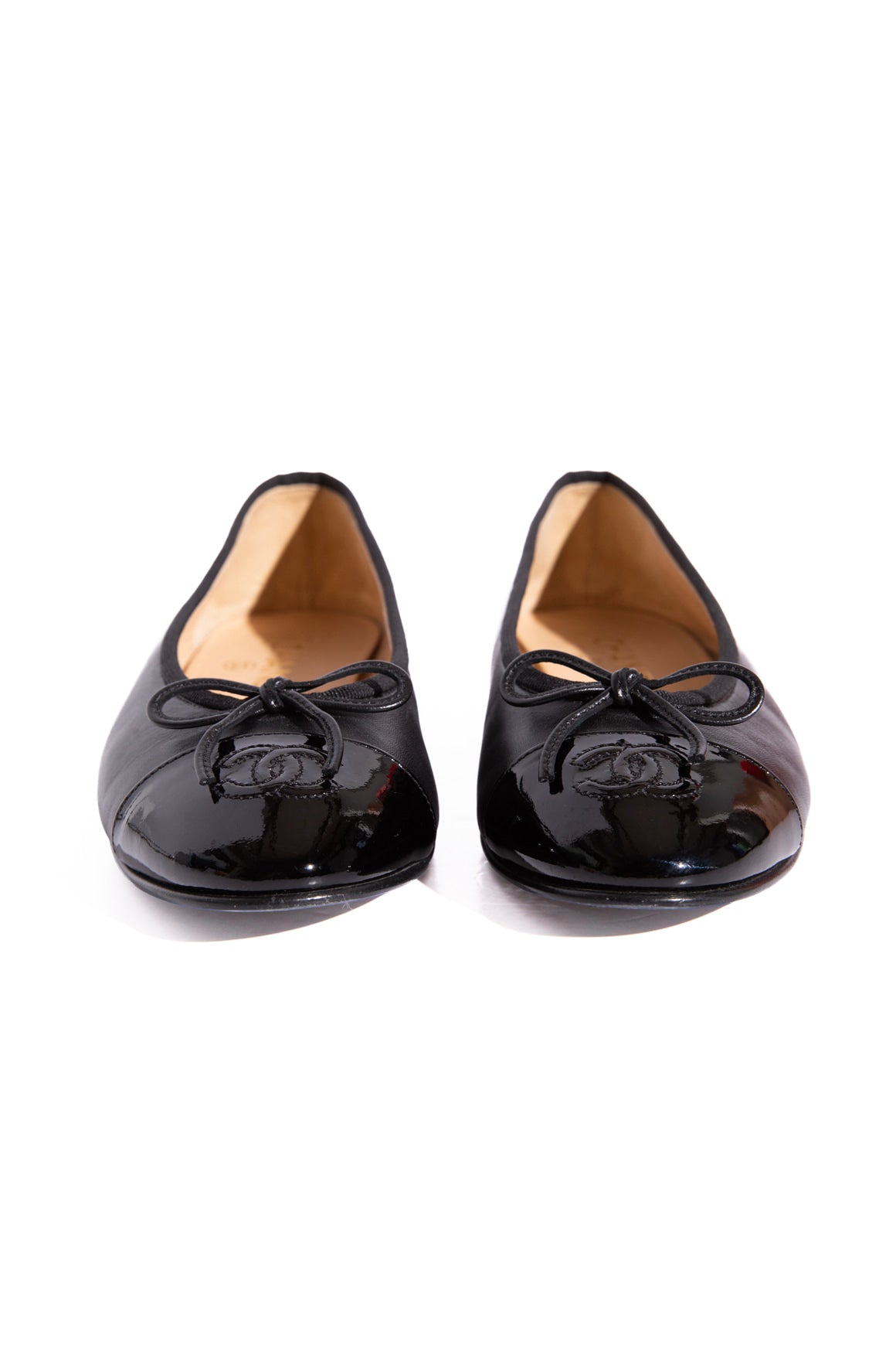 CHANEL Black Leather CC Patent Toe Ballet Flats (Sz. 37)