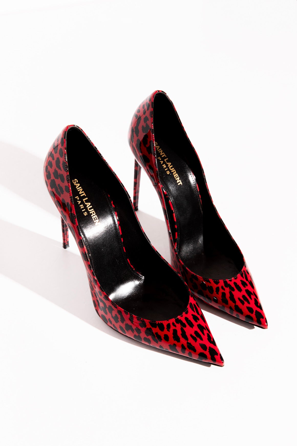 SAINT LAURENT Red Leopard Patent Pumps (Sz.40)