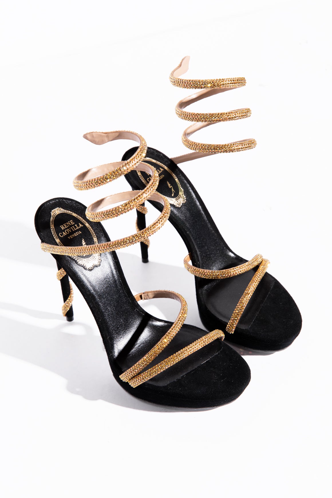 RENE CAOVILLA Black & Gold "Margot" Platform Heels (Sz. 38)