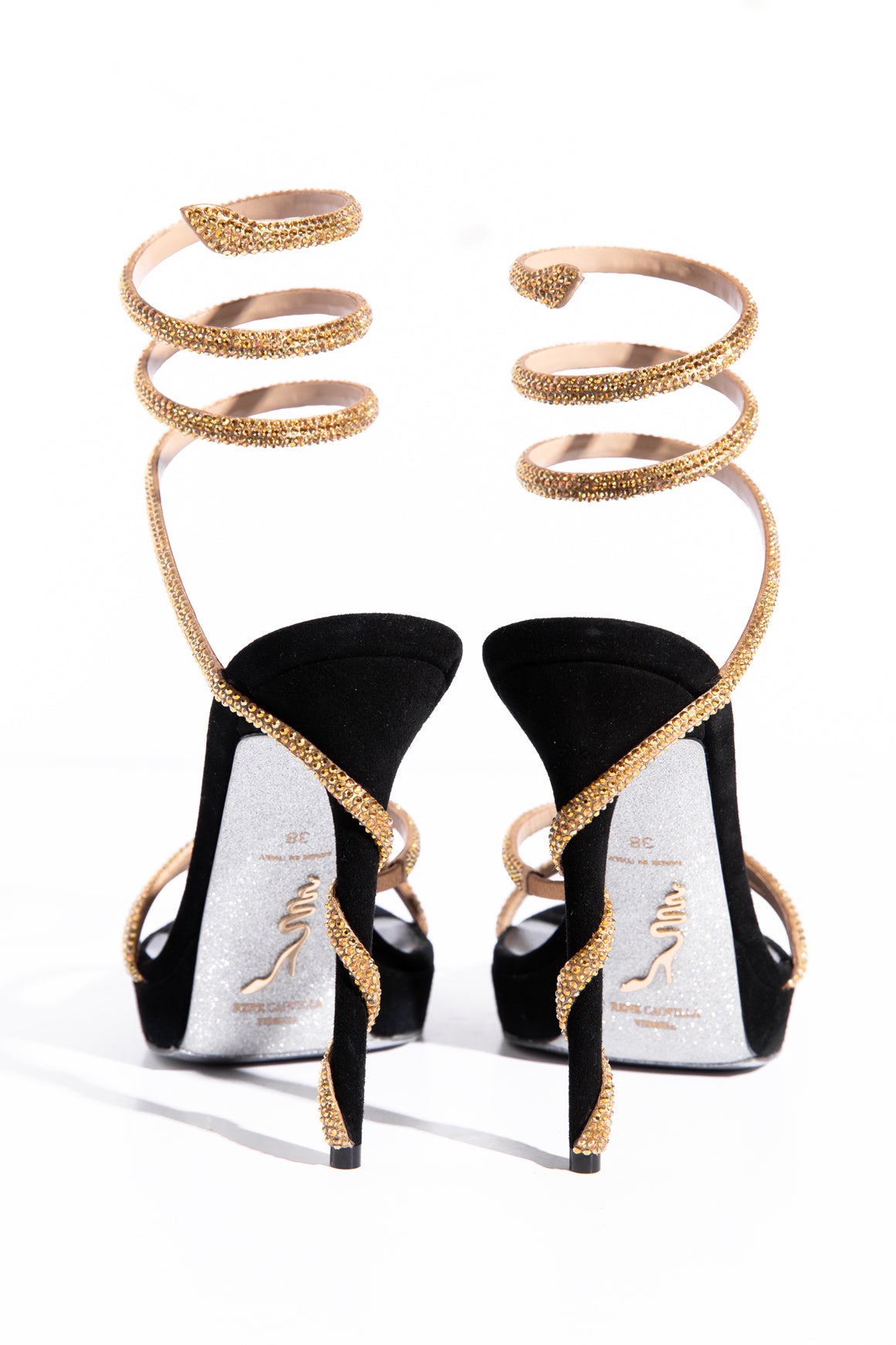 RENE CAOVILLA Black & Gold "Margot" Platform Heels (Sz. 38)