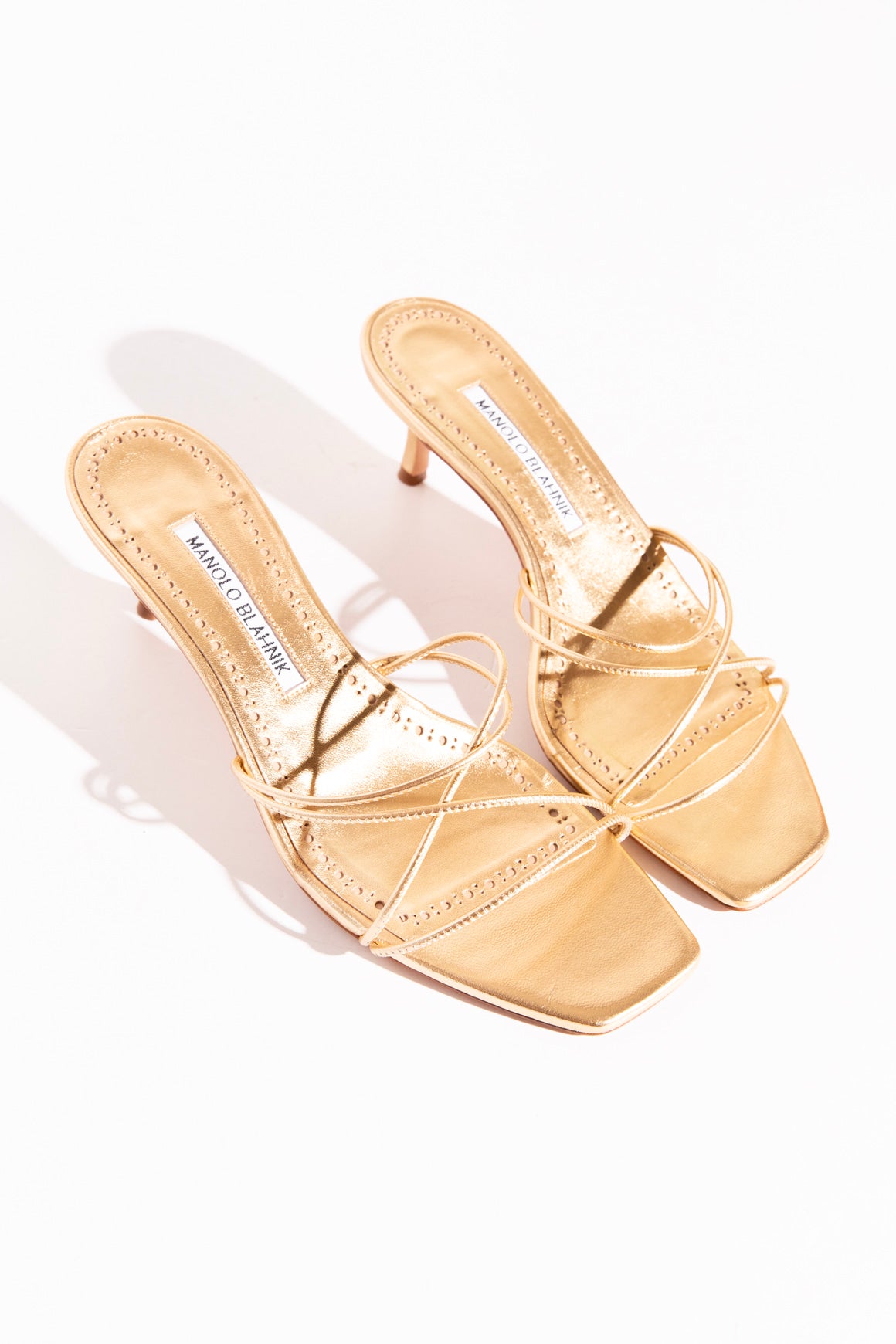 MANOLO BLAHNIK Gold Strappy Kitten Heel Sandals (Sz.37.5)