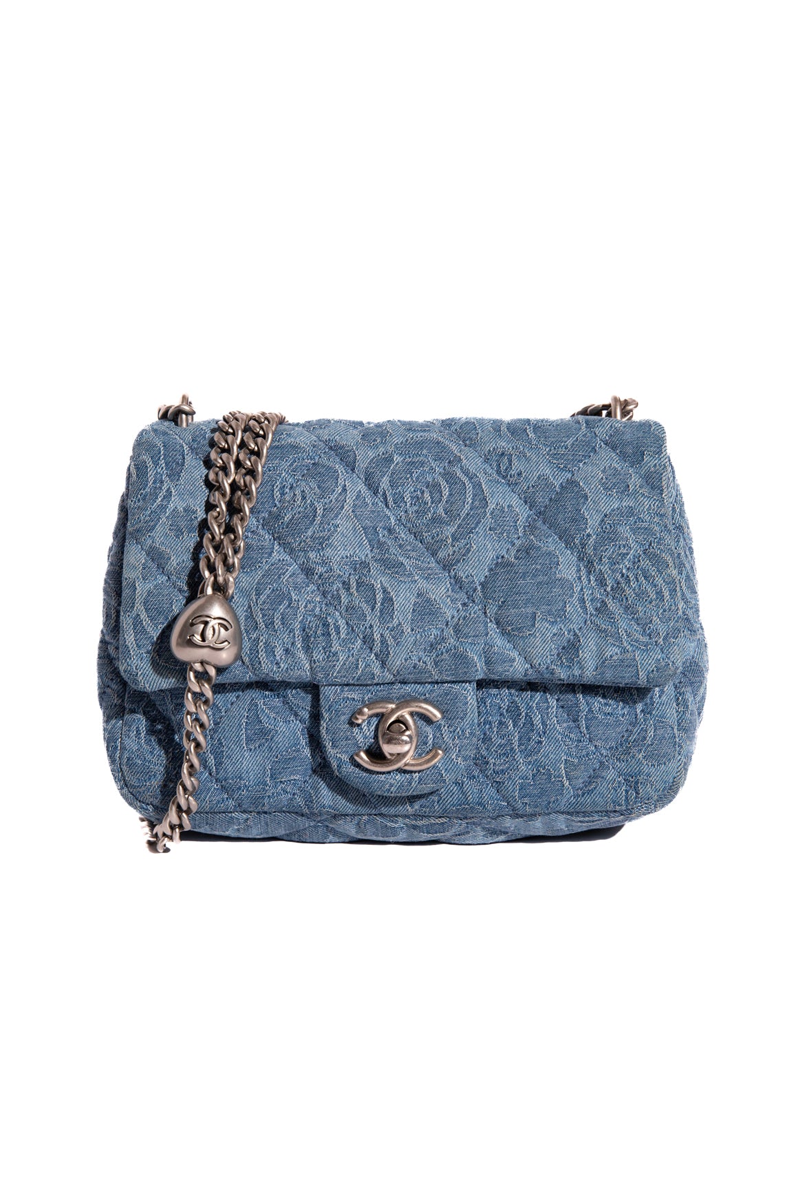 CHANEL Denim Sweetheart Camellia Mini Flap Bag