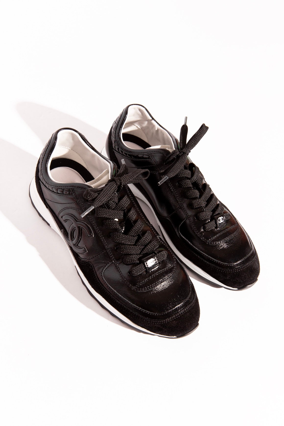 CHANEL Black Leather CC Low Top Sneakers (Sz.38.5)