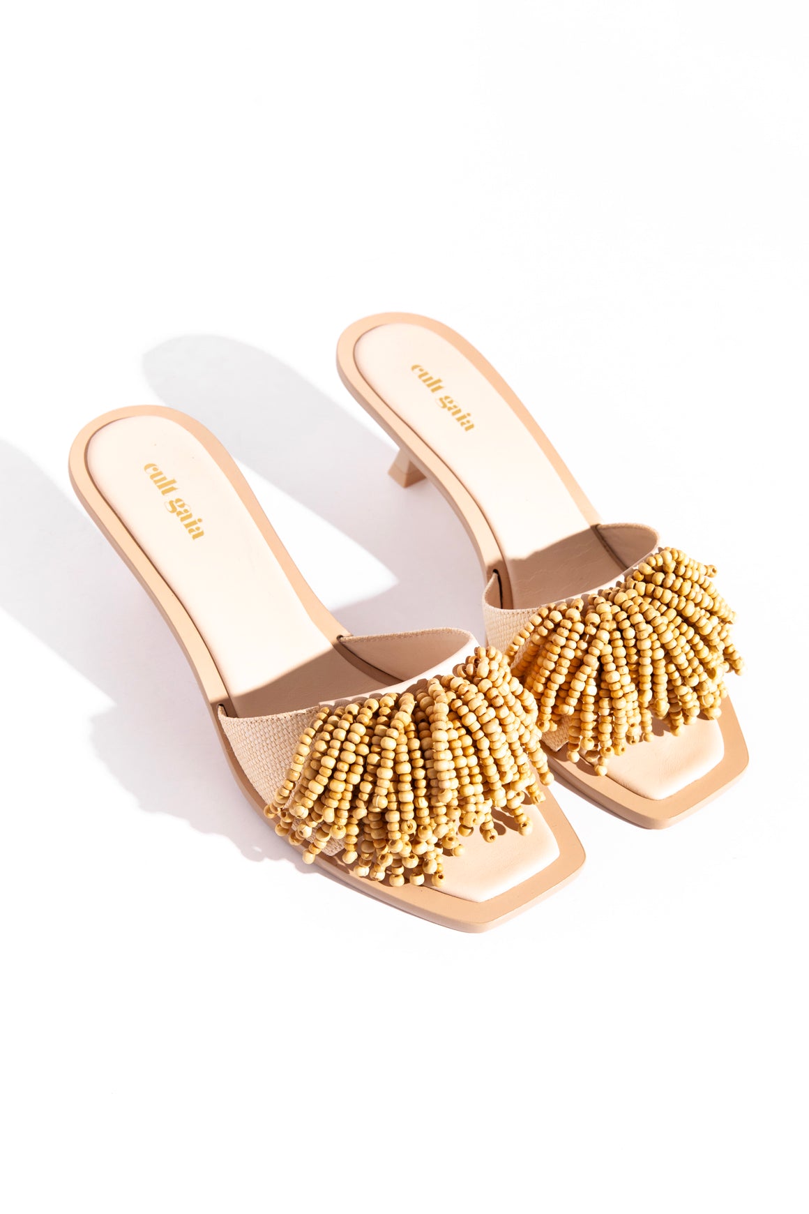 CULT GAIA Tan Wooden Fringe "Uma" Kitten Heels (Sz. 40)