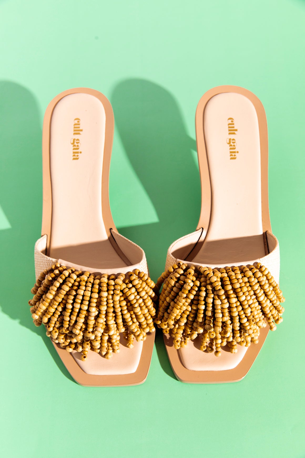 CULT GAIA Tan Wooden Fringe "Uma" Kitten Heels (Sz. 40)