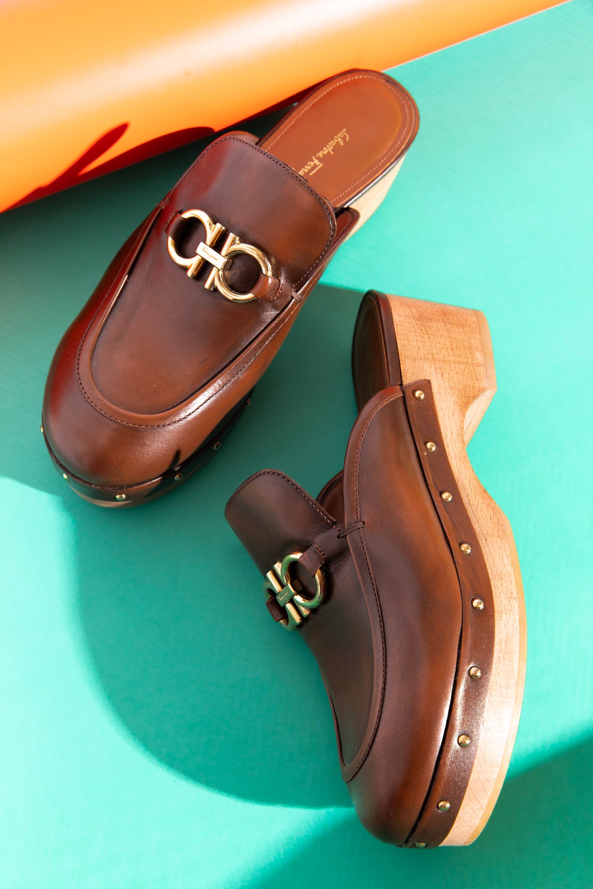 FERRAGAMO Brown Leather "Cleome" Clog Mules (Sz. 8)