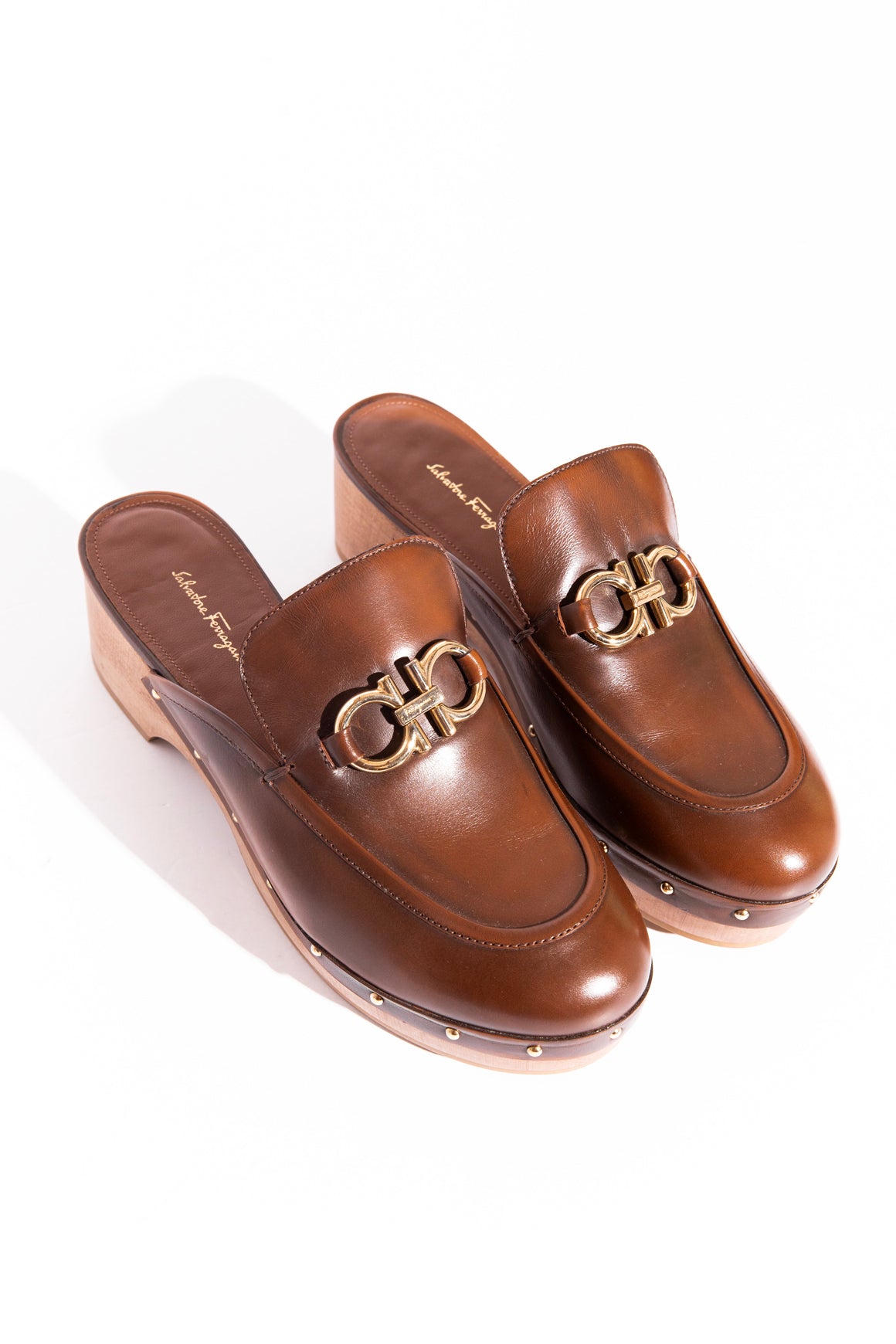 FERRAGAMO Brown Leather "Cleome" Clog Mules (Sz. 8)
