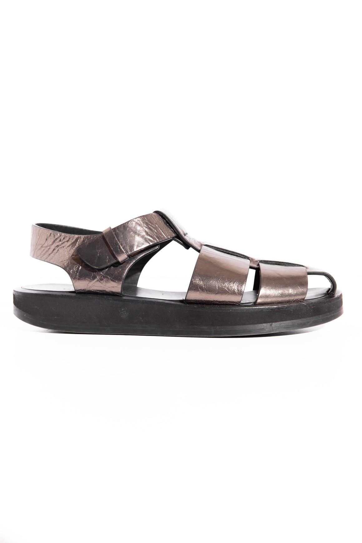 THE ROW Metallic Gunmetal Leather Fisherman Sandals (Sz. 39)
