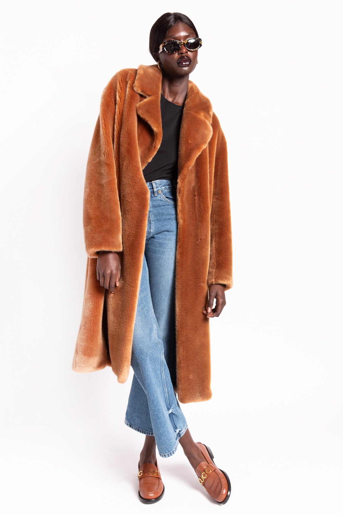 Camel Long store Faux Fur Coat with a Belt