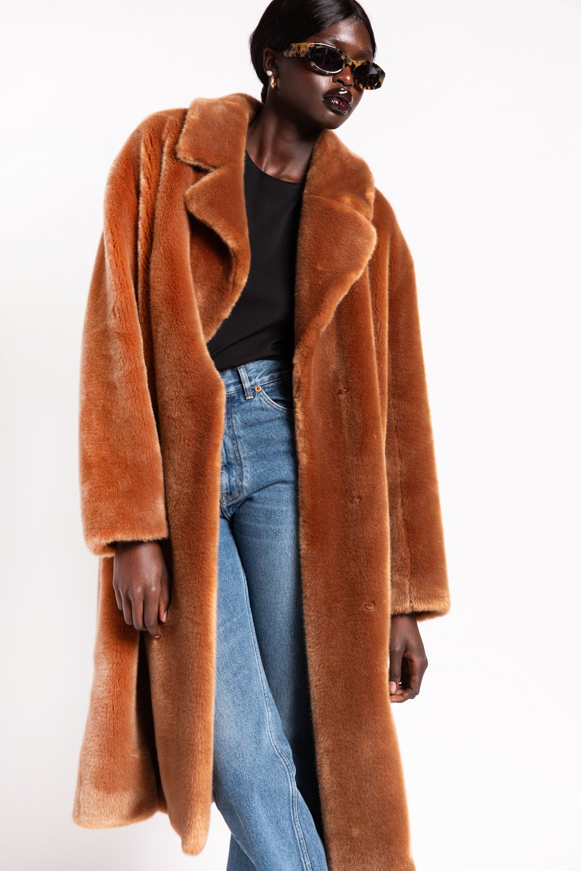 TIBI Camel Faux Fur Coat w/ Belt