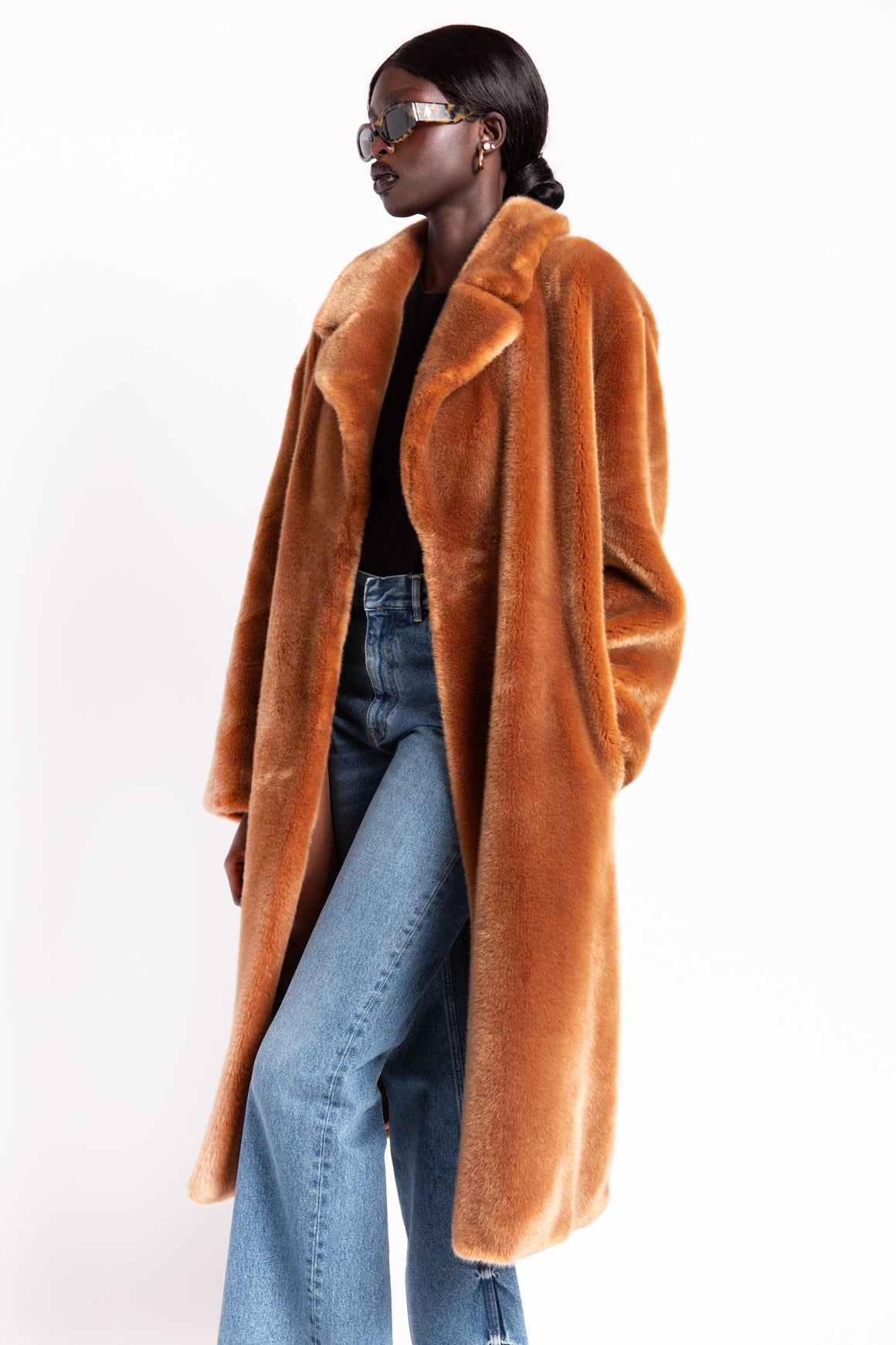 TIBI Camel Faux Fur Coat w/ Belt