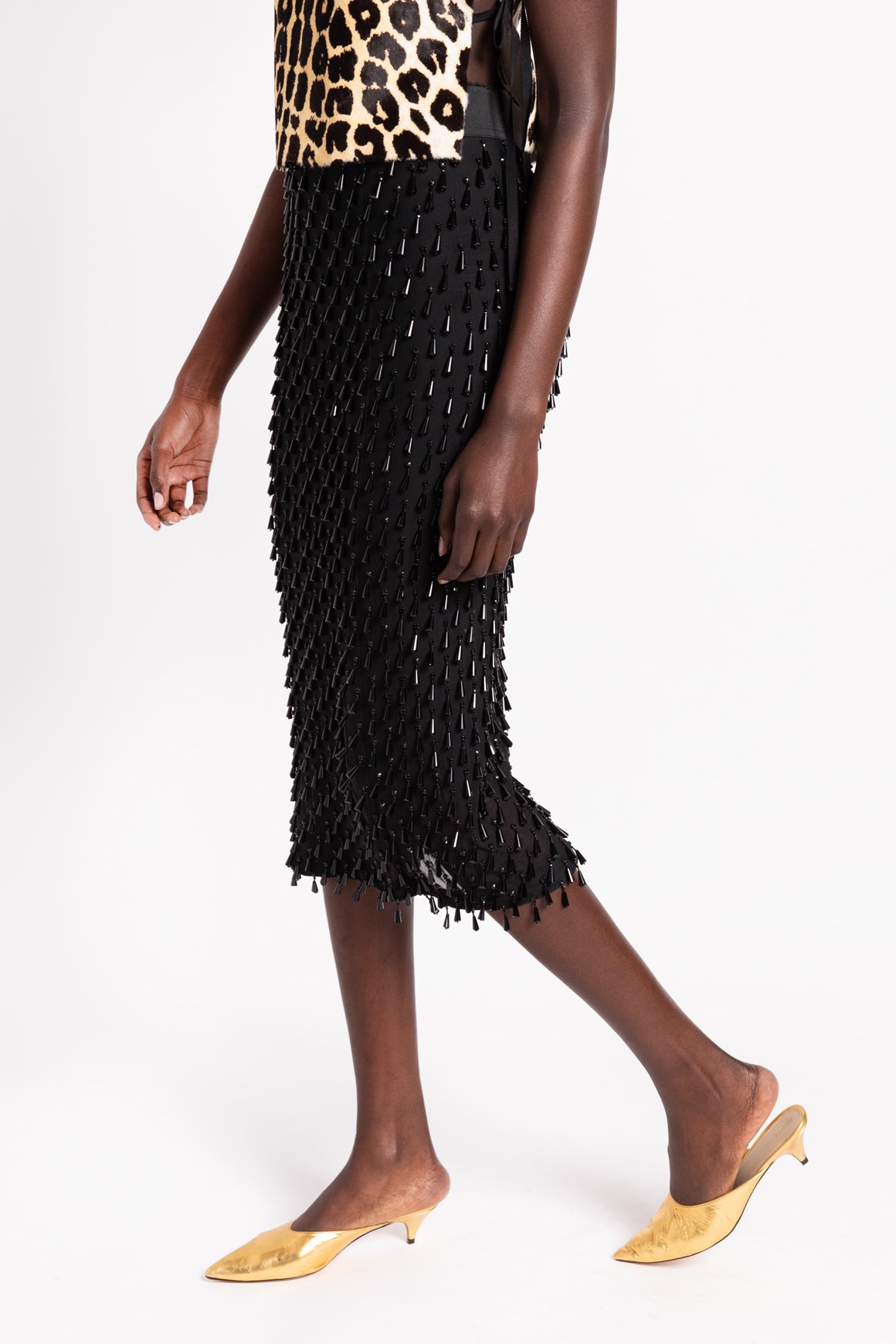 DOLCE & GABBANA Black Beaded Fringe Pencil Skirt