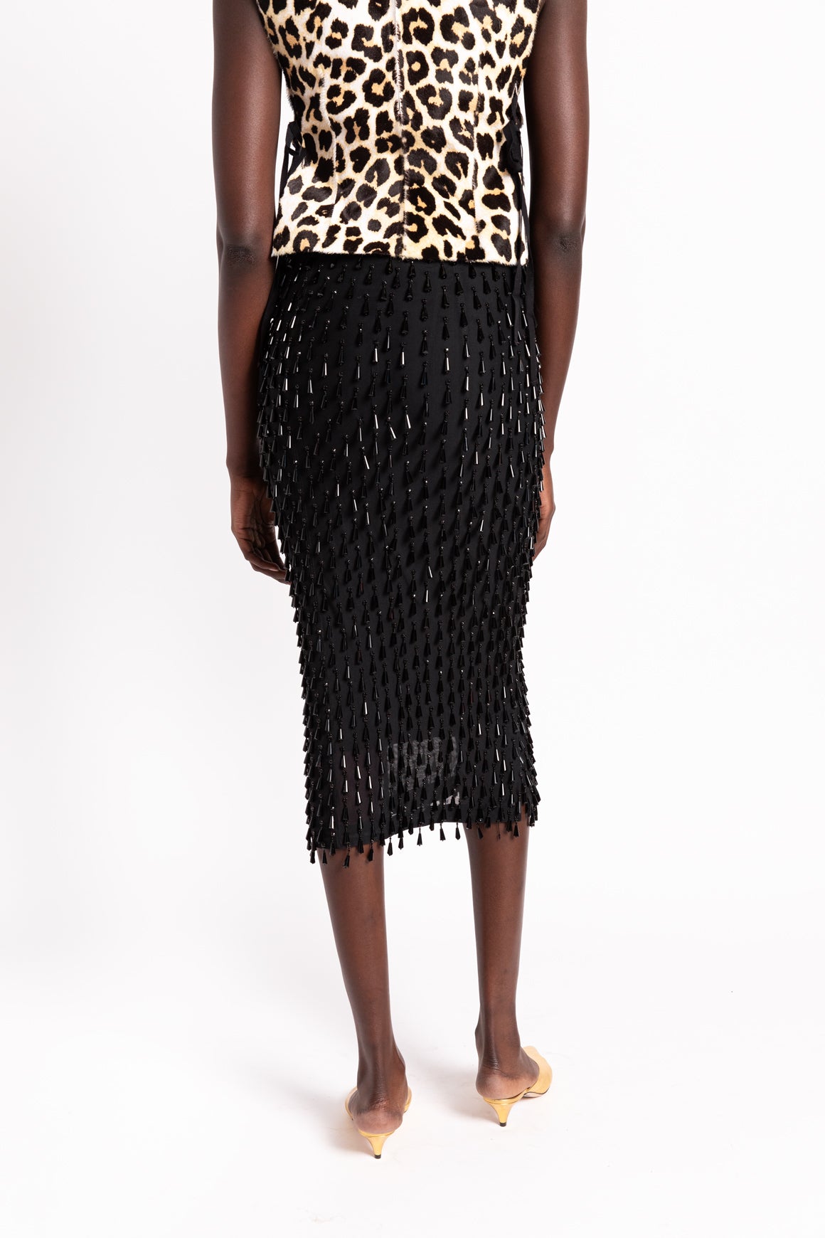 DOLCE & GABBANA Black Beaded Fringe Pencil Skirt