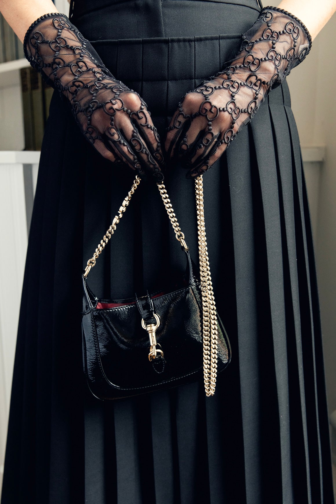 GUCCI Black Patent Mini Jackie Notte W/ Gold Chain Strap