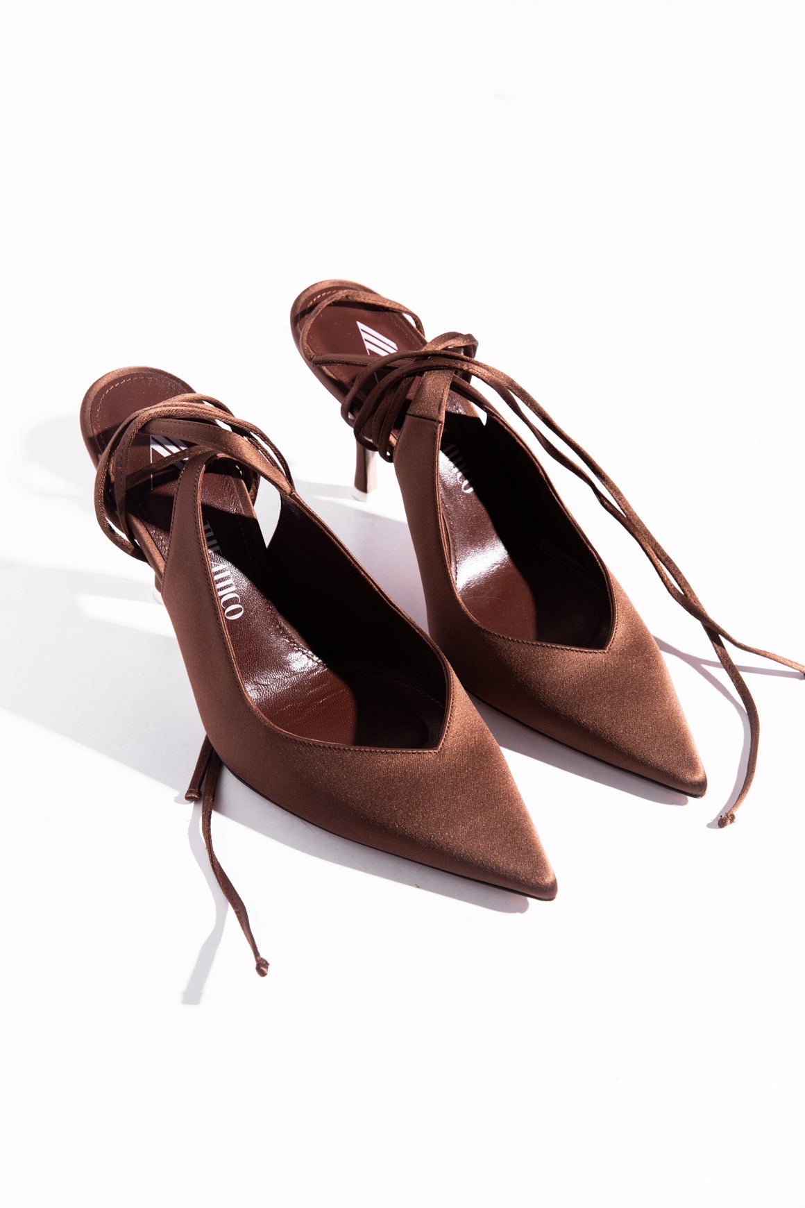 THE ATTICO Brown Satin Wrap Heels