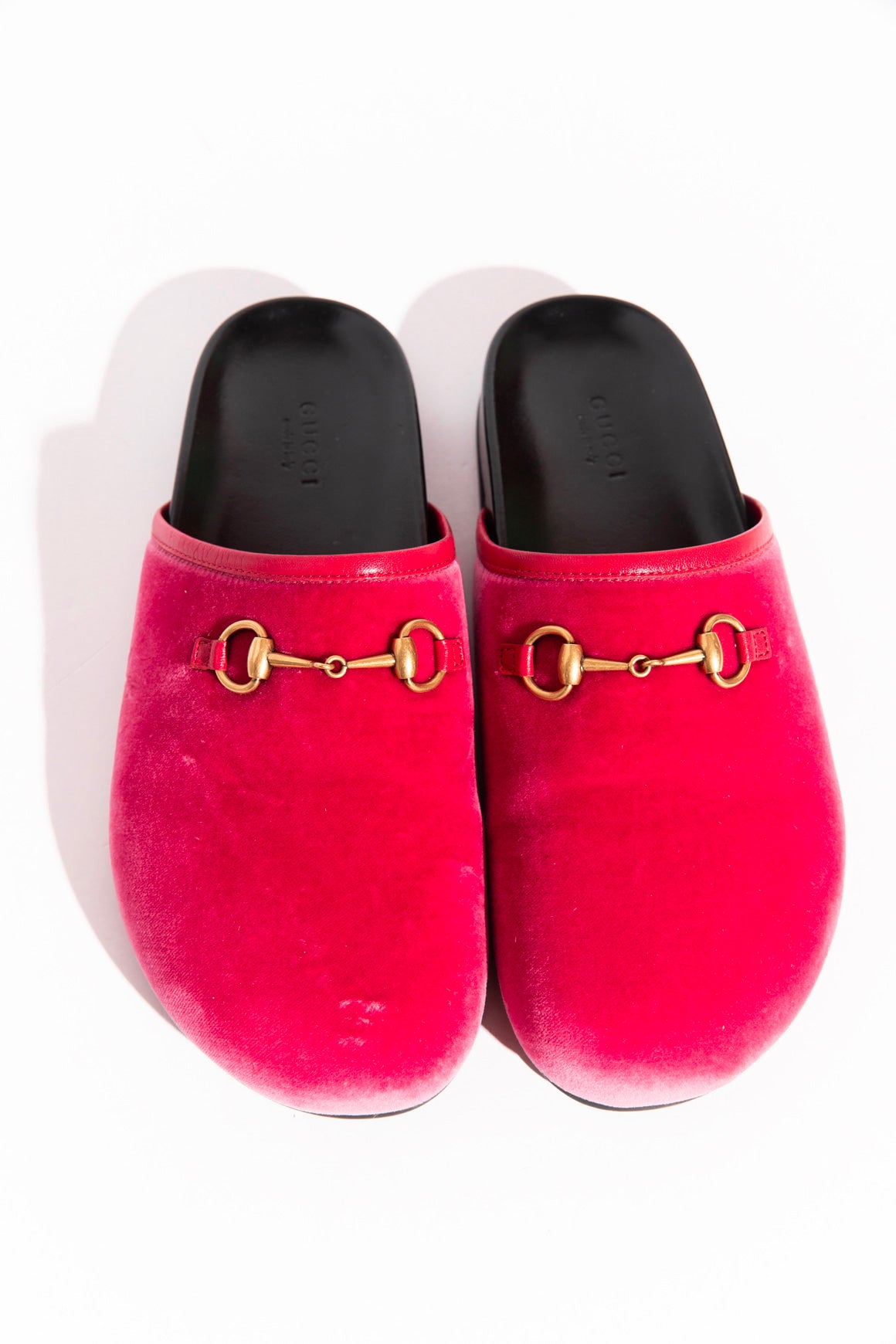 GUCCI Pink Velvet Horsebit Clog Mules (Sz.37.5)