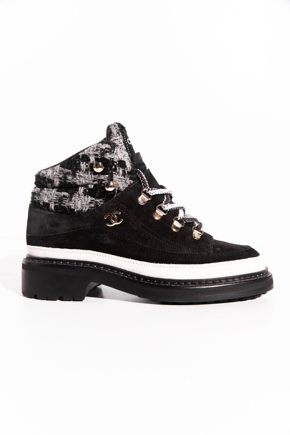 CHANEL Tweed Black & Grey Suede Ankle Boots (Sz.7.5)