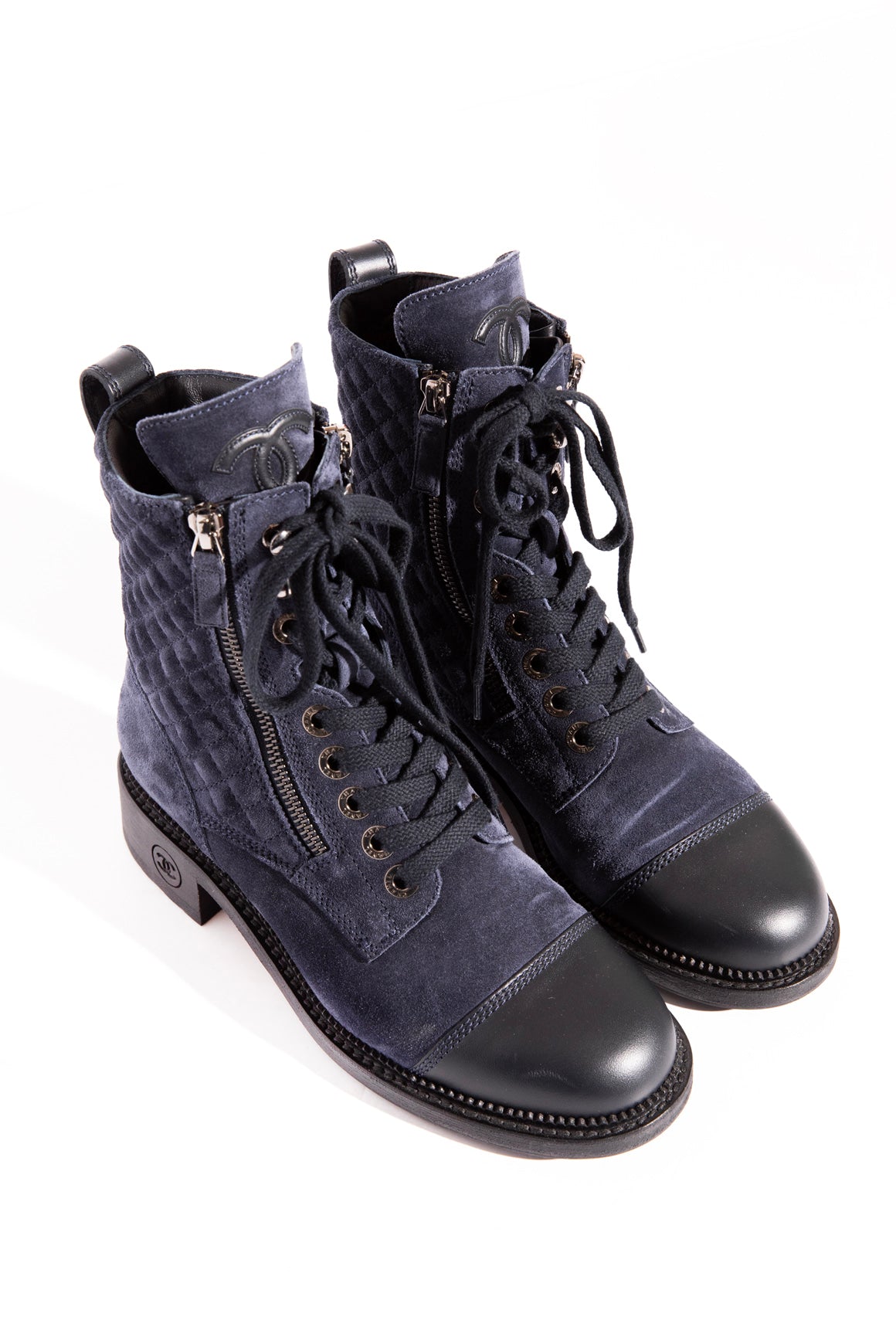 CHANEL Navy Suede Lace-Up Boots (Sz. 37)