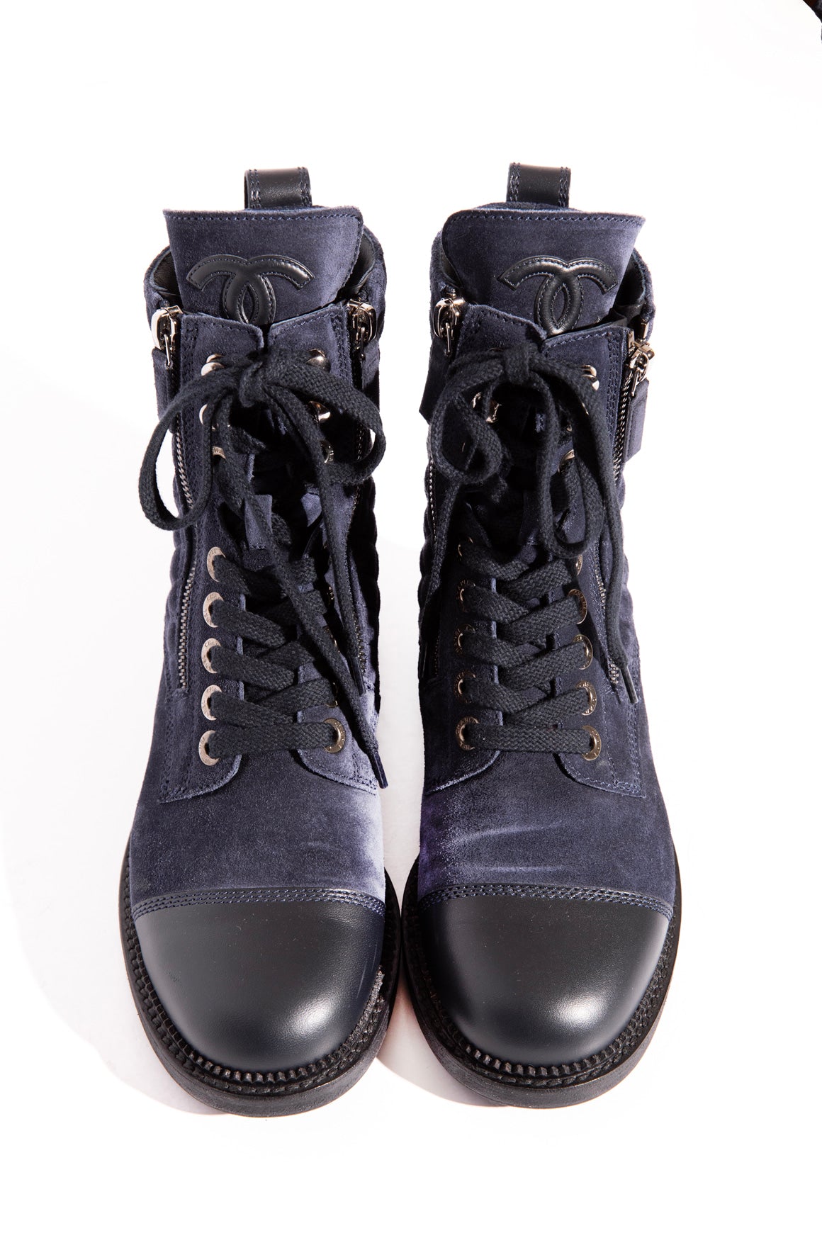 CHANEL Navy Suede Lace-Up Boots (Sz. 37)