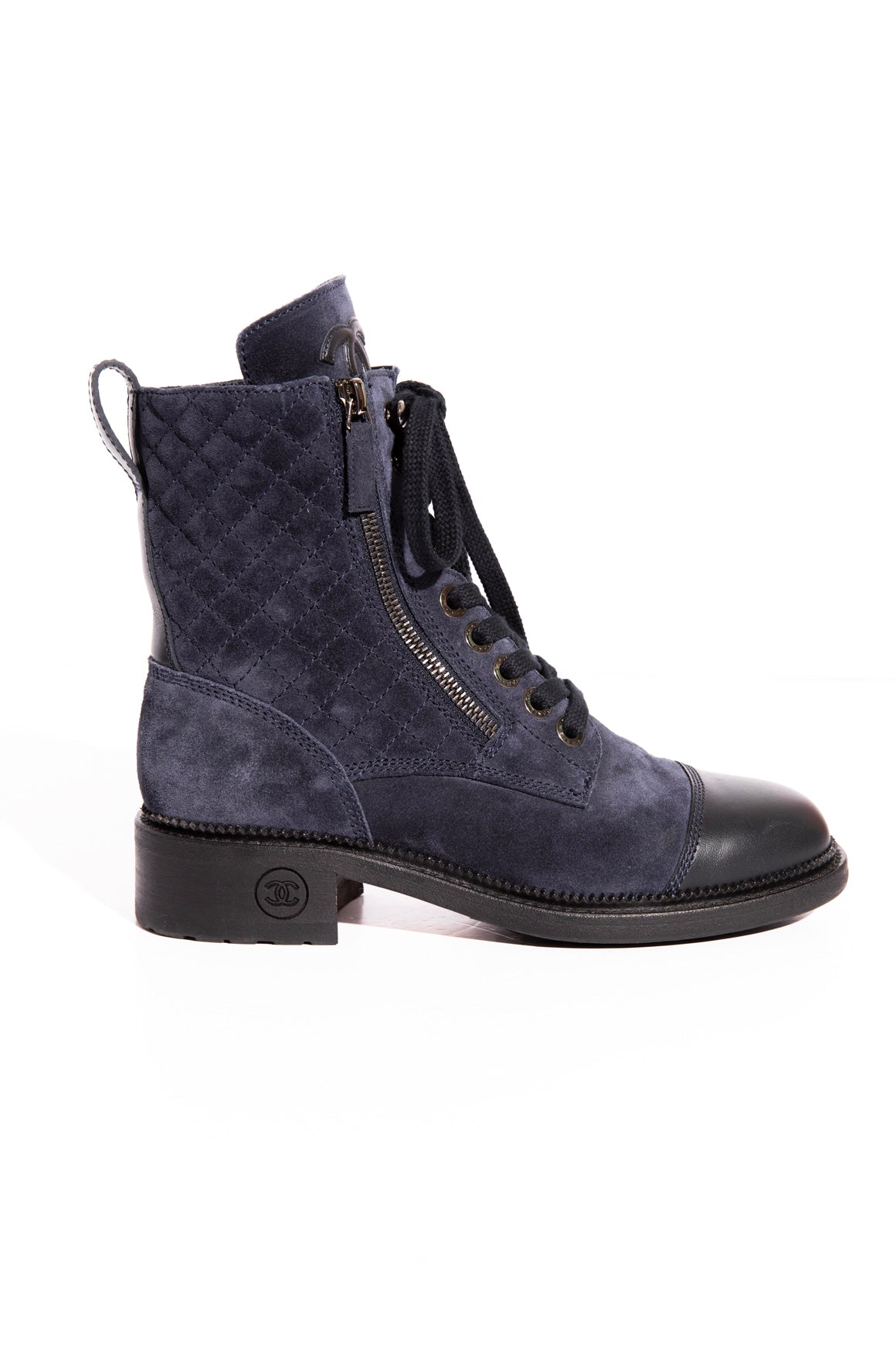CHANEL Navy Suede Lace-Up Boots (Sz. 37)