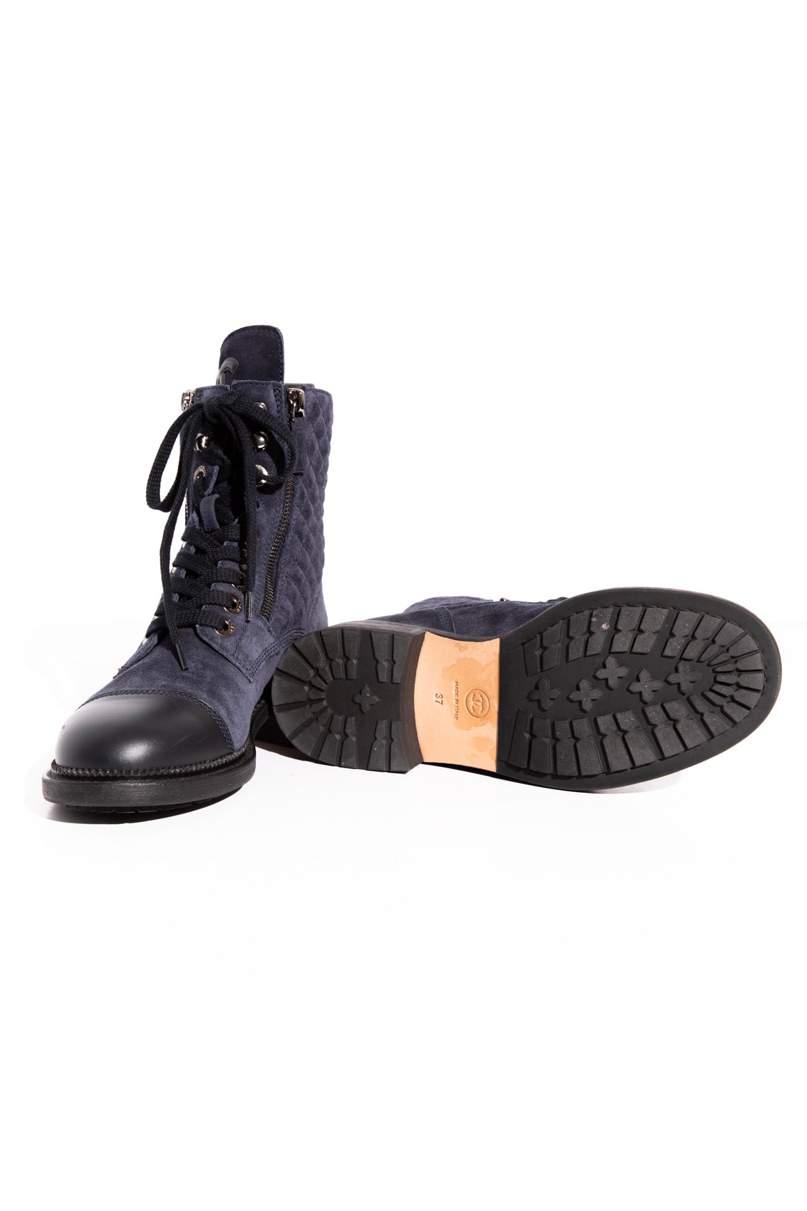 CHANEL Navy Suede Lace-Up Boots (Sz. 37)