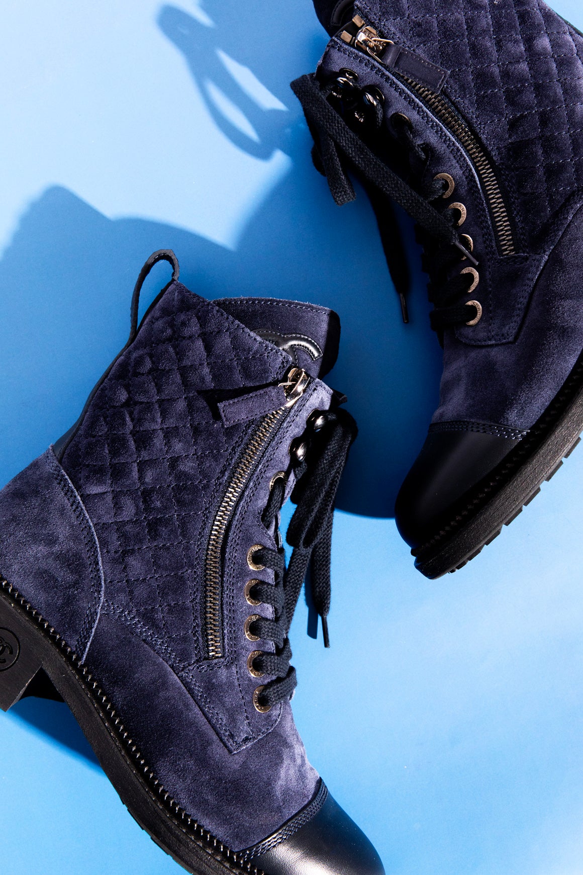 CHANEL Navy Suede Lace-Up Boots (Sz. 37) | MOSS Consignment