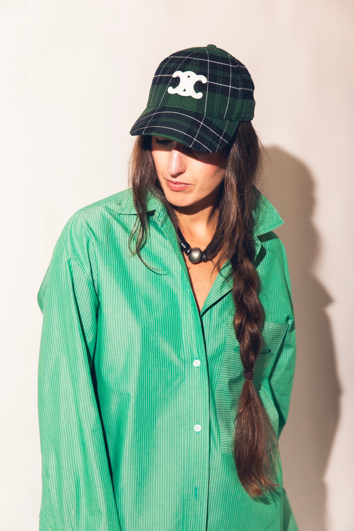 CELINE Green Plaid Triomphe Baseball Cap