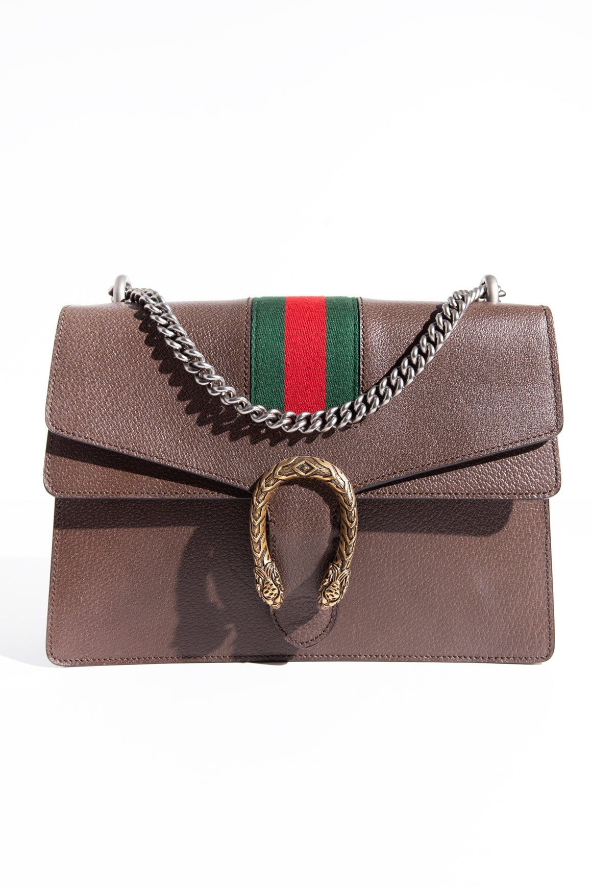 GUCCI Dark Taupe Leather Web Dionysus Shoulder Bag