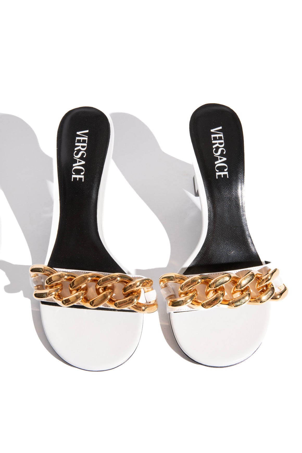 VERSACE White Leather Gold Chain Link Kitten Heels (Sz. 39)