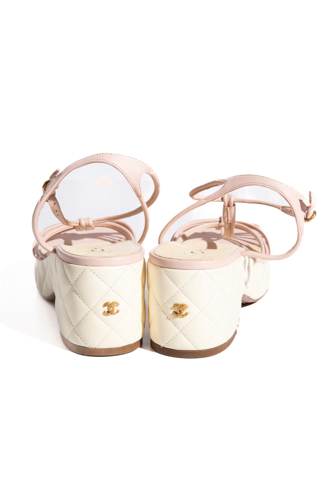 CHANEL Pink + Cream Quilted Platform Sandals (Sz. 39)