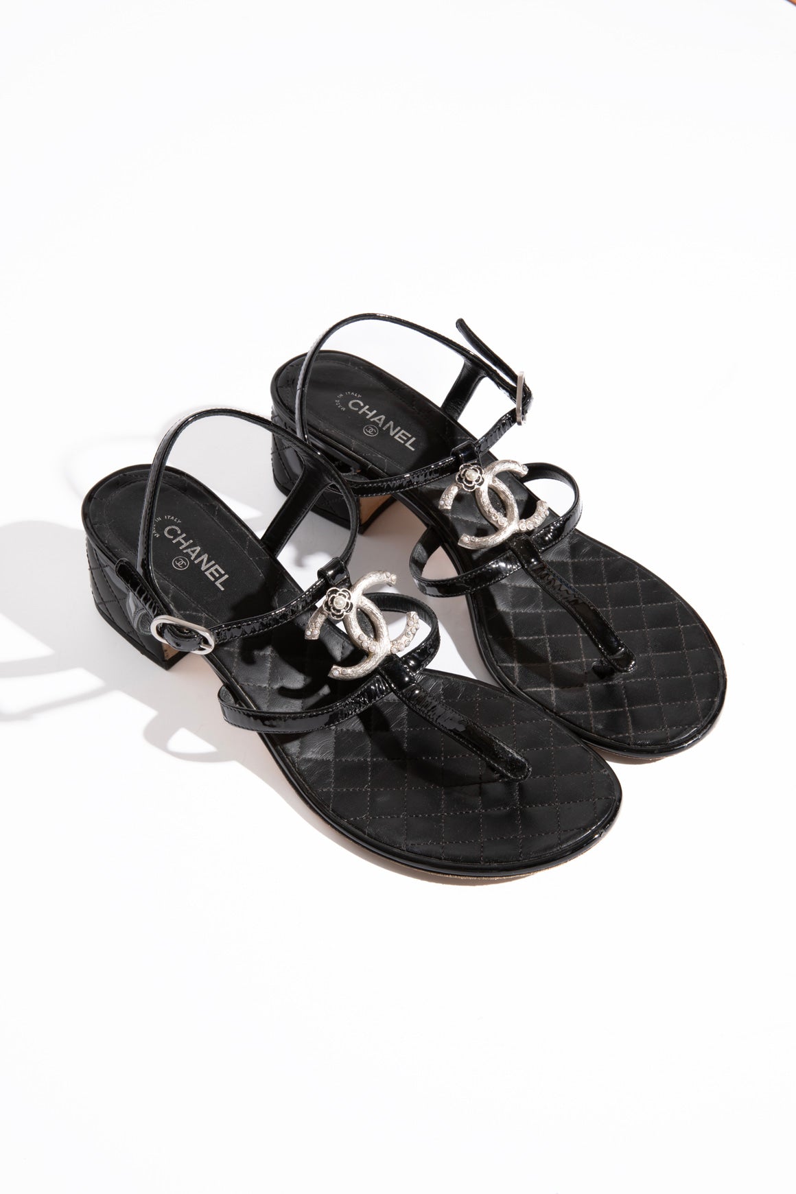 CHANEL Black Patent Leather Logo T-Strap Heeled Sandals (Sz. 41)