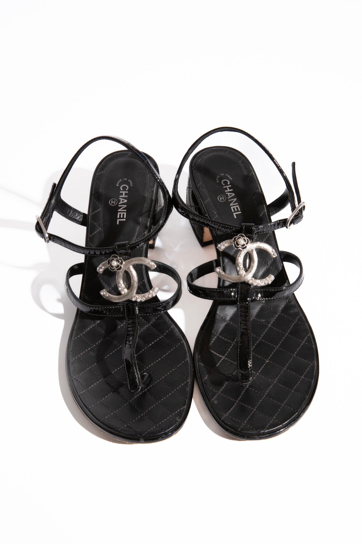 CHANEL Black Patent Leather Logo T-Strap Heeled Sandals (Sz. 41)