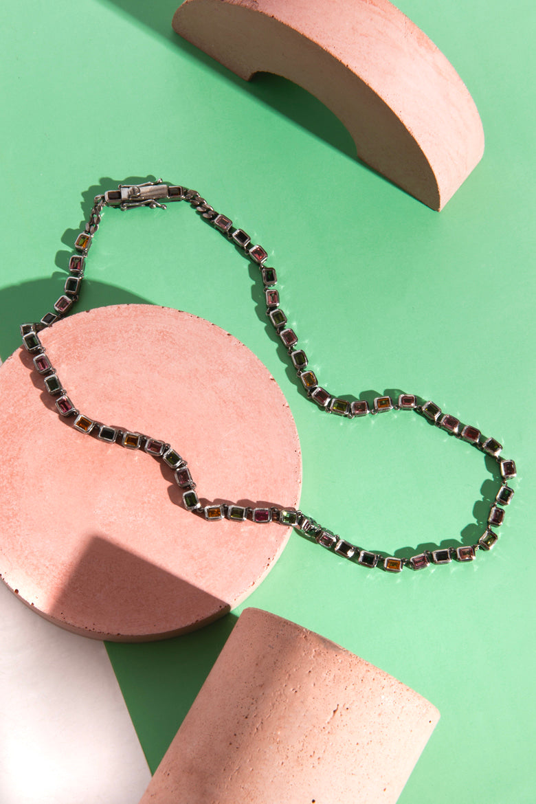 NAKARD Silver Multi Stone Tourmaline Tile Necklace