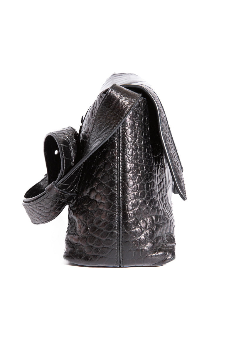 BALENCIAGA Black Croc Soft Hourglass Shoulder Bag