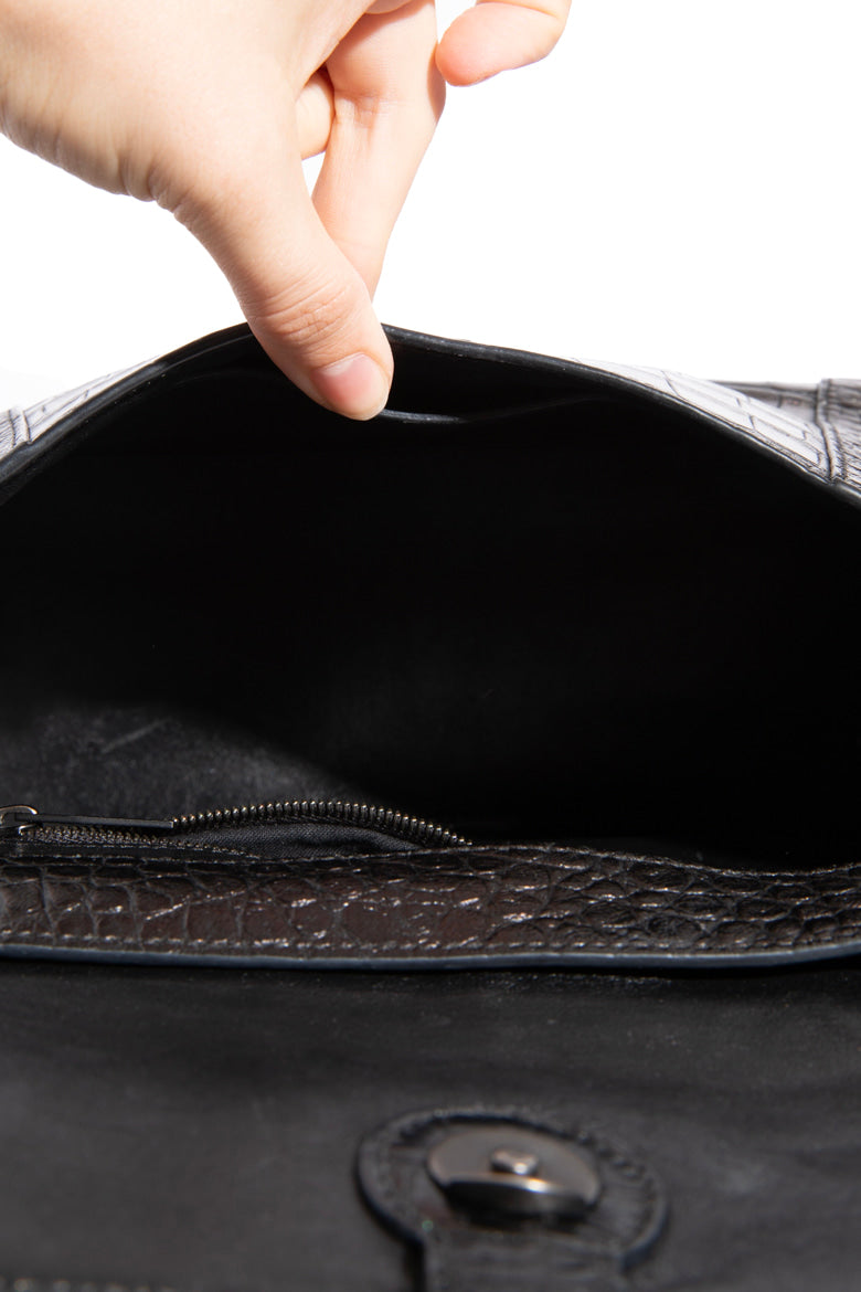 BALENCIAGA Black Croc Soft Hourglass Shoulder Bag