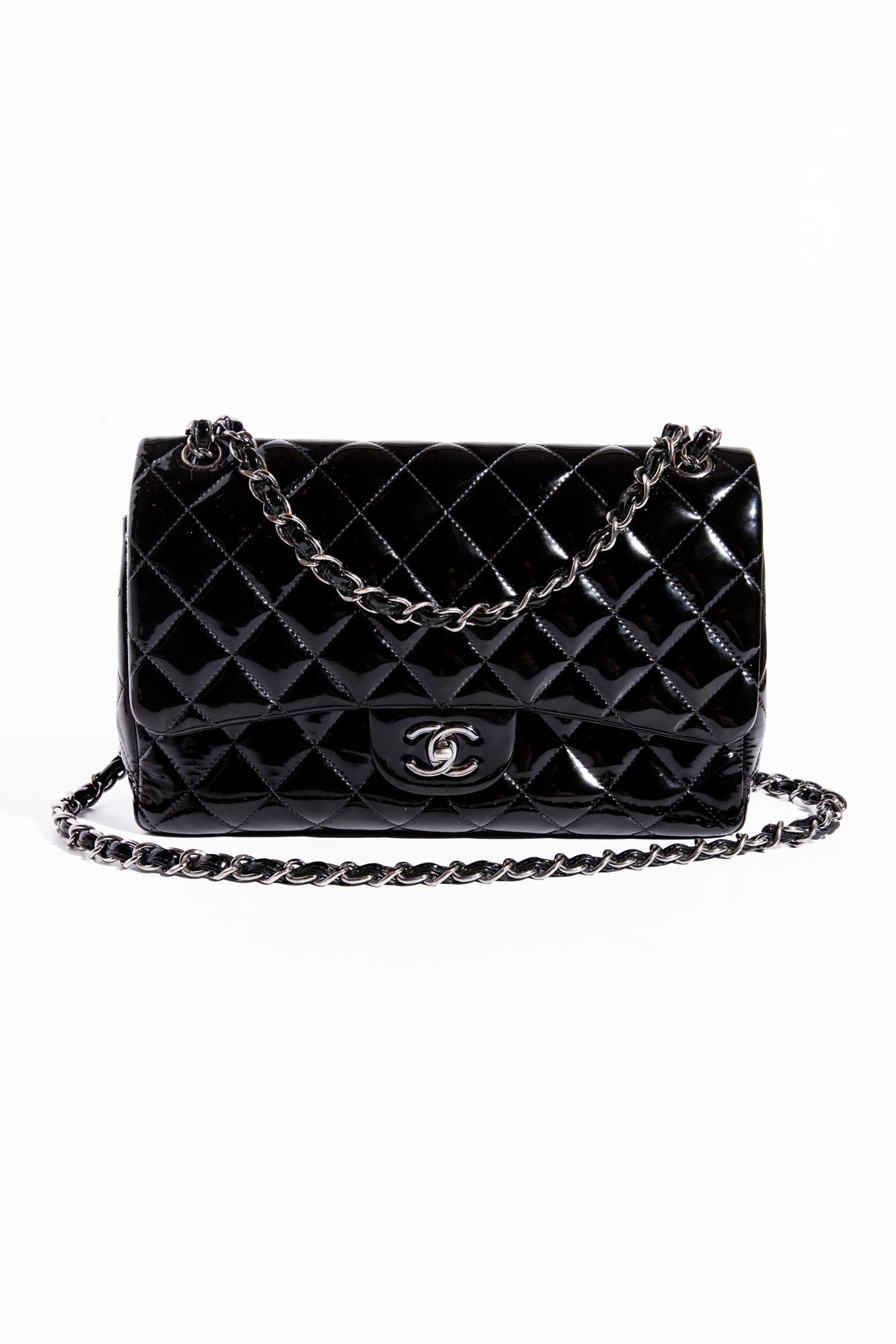 CHANEL 2004 Black Patent Leather Jumbo Double Flap Handbag