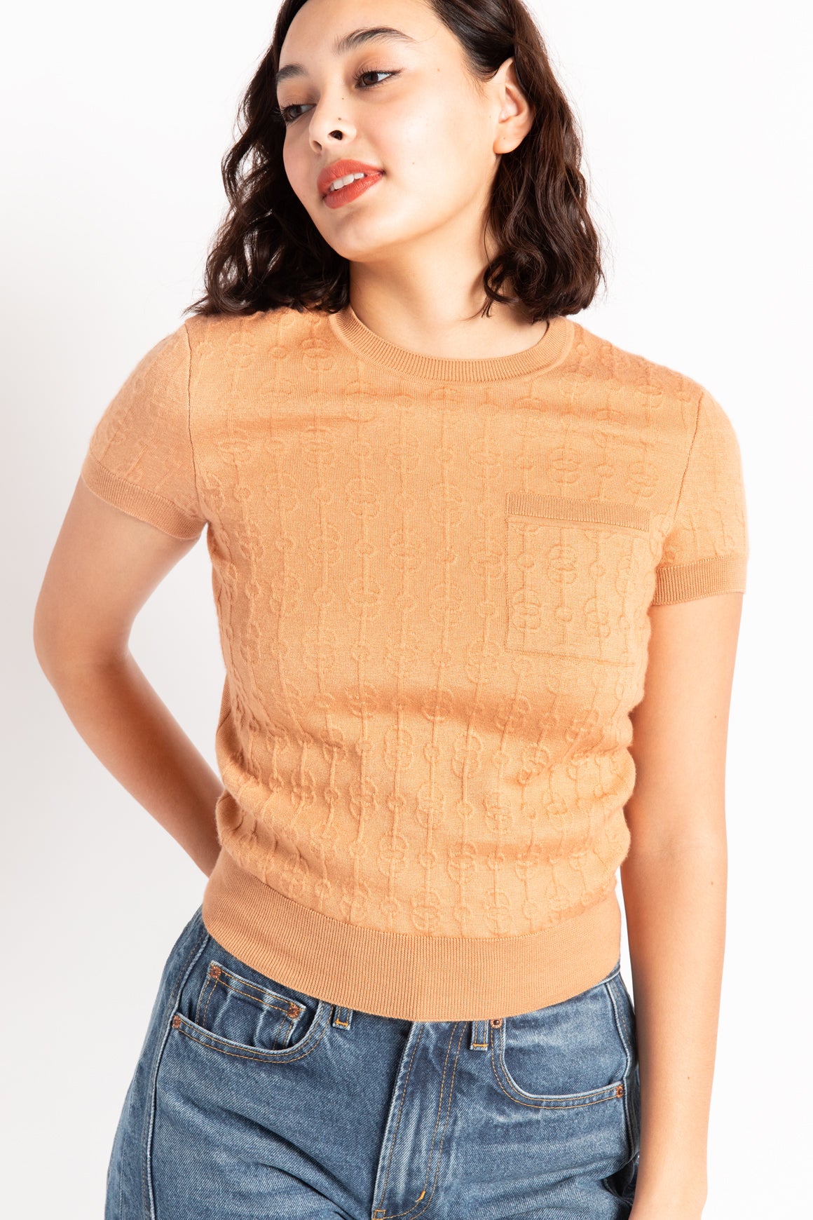 HERMES Tan Short Sleeve Sweater