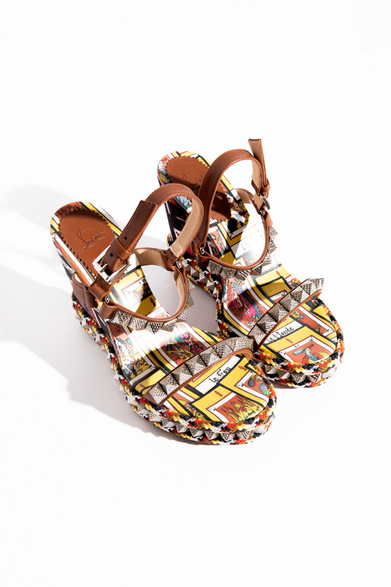 LOUBOUTIN Multi Color Pyraclou 110 Tarot Card Wedges (Sz. 37)