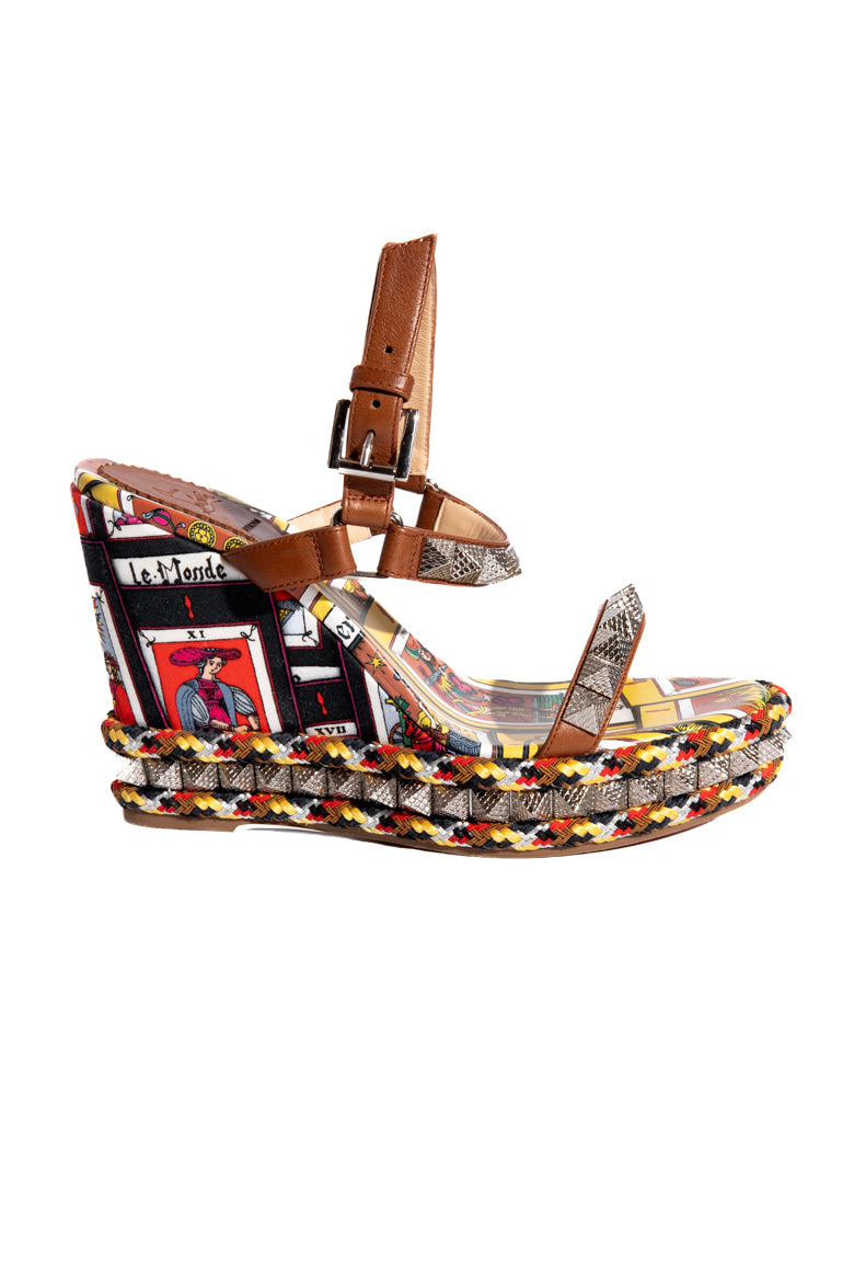 LOUBOUTIN Multi Color Pyraclou 110 Tarot Card Wedges (Sz. 37)