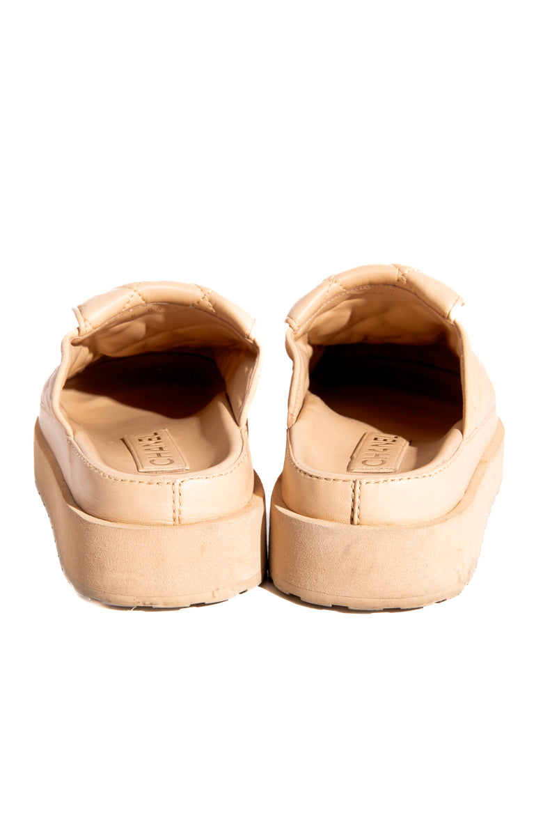 CHANEL Beige CC Turnlock Quilted Nappa Platform Mules (Sz. 38)