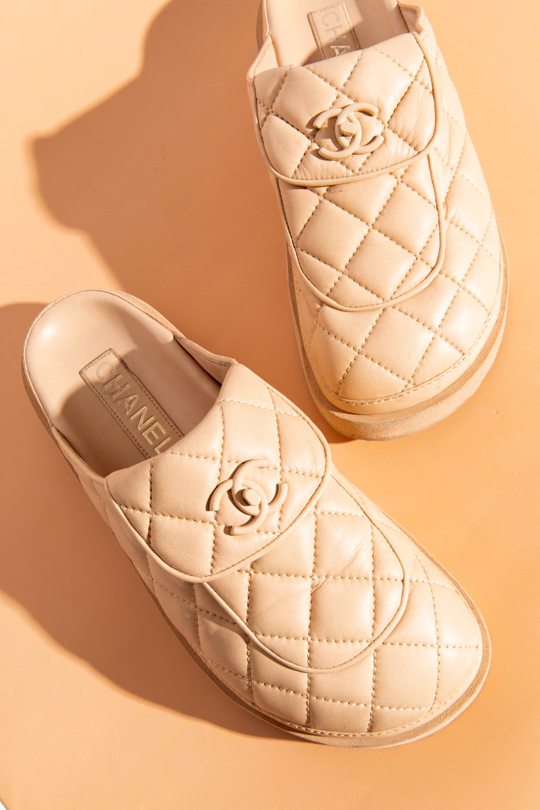 CHANEL Beige CC Turnlock Quilted Nappa Platform Mules (Sz.38