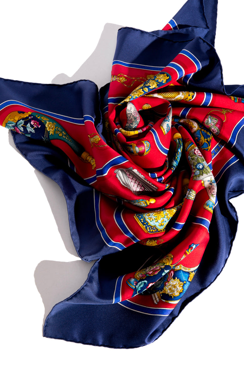 HERMES Red & Blue Printed Large Silk Square Scarf