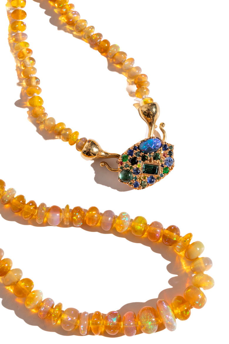 HARGREAVES 18K Sapphire & Rubies Pendant W/ Fire Opal Chain