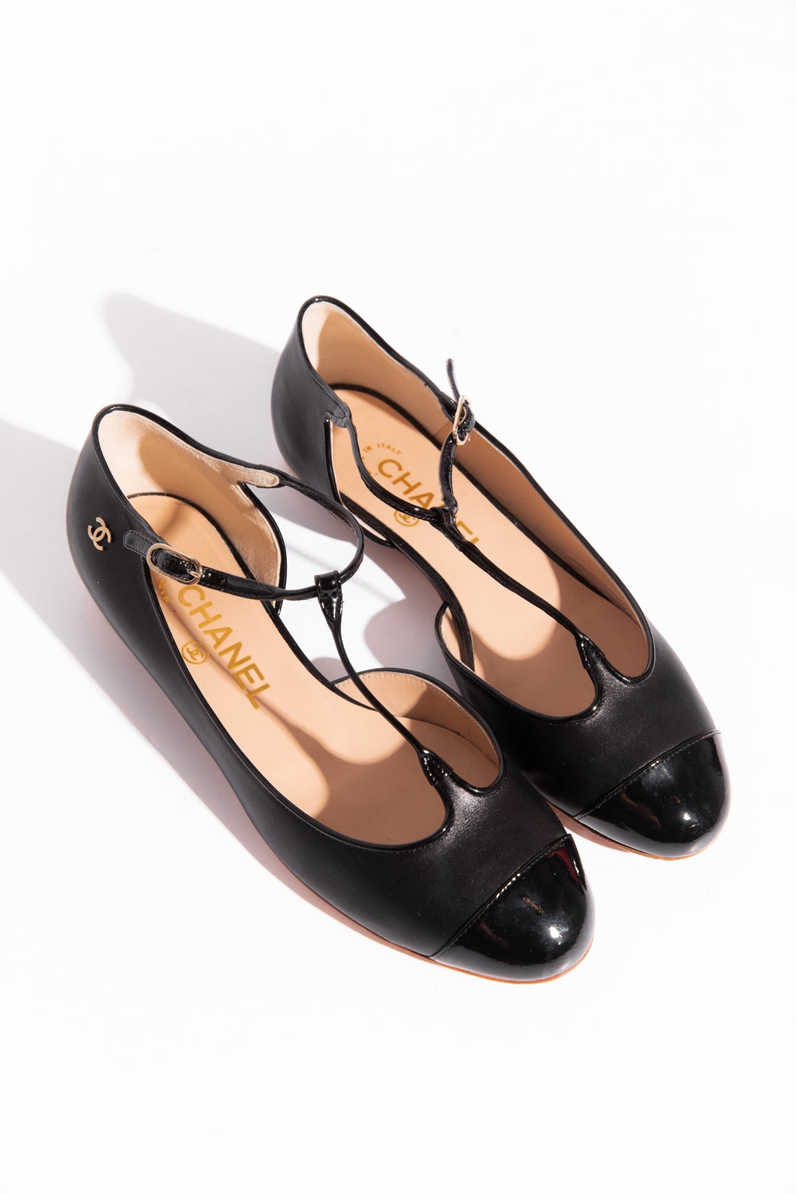 CHANEL Black Leather Cap Toe T-Strap Flats (Sz. 37)