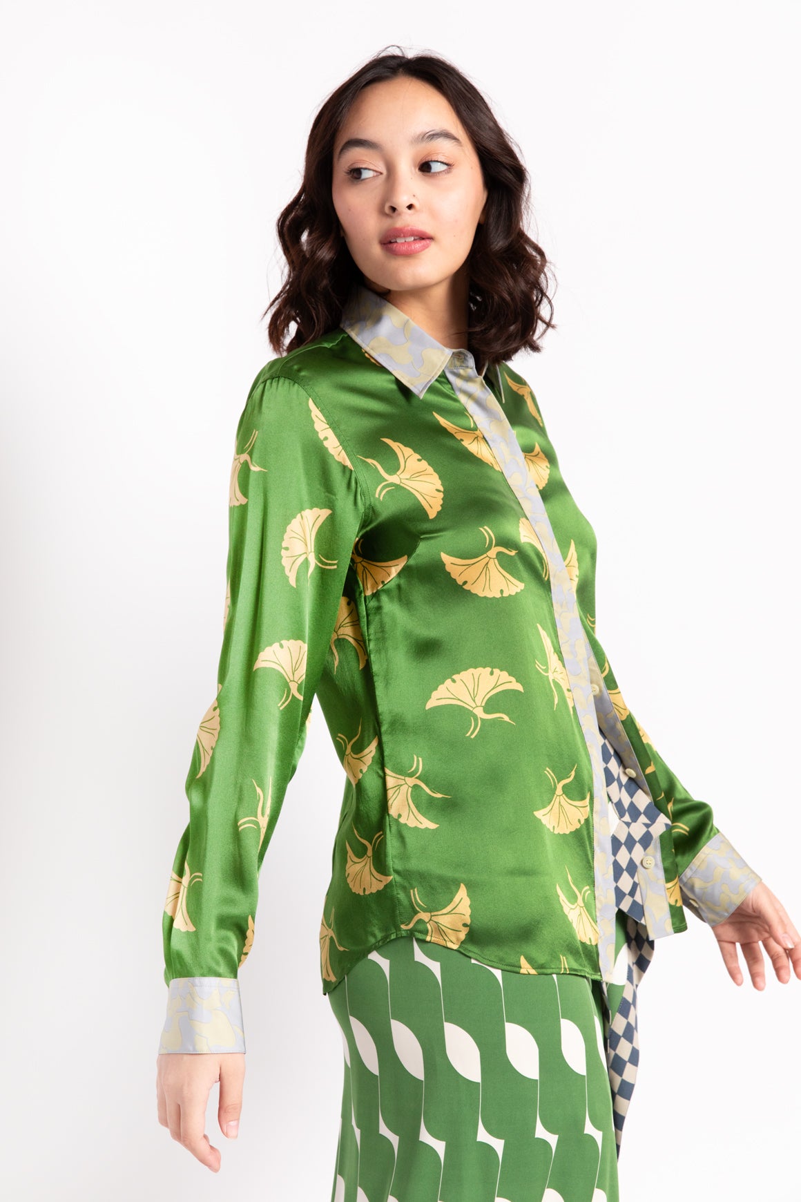 DRIES VAN NOTEN Green Printed Button Up Blouse