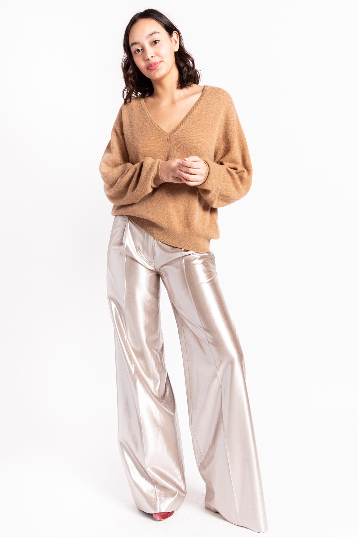 KHAITE Tan Cashmere V-Neck Sweater