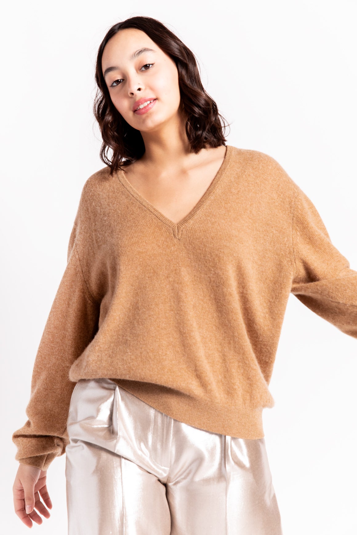 KHAITE Tan Cashmere V-Neck Sweater