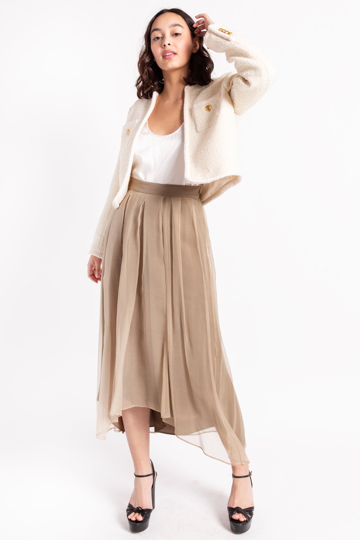 BRUNELLO CUCINELLI Tan Silk Organza Midi Skirt