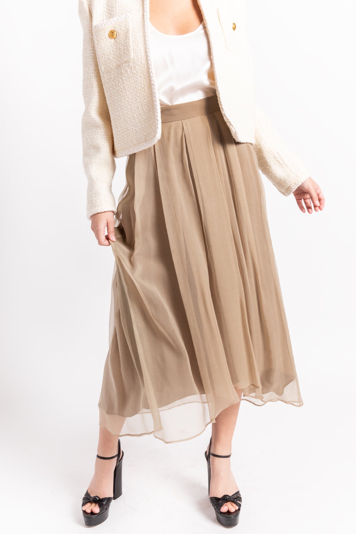 BRUNELLO CUCINELLI Tan Silk Organza Midi Skirt